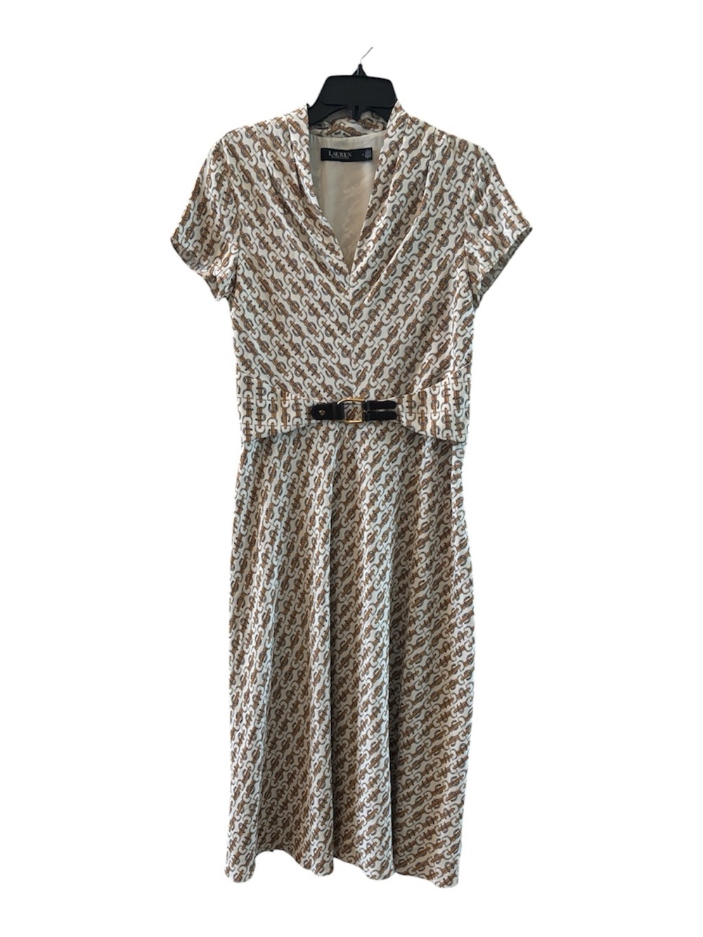 Lauren Ralph Lauren Cream & Brown Equestrian Printed V-Neck Midi Dress